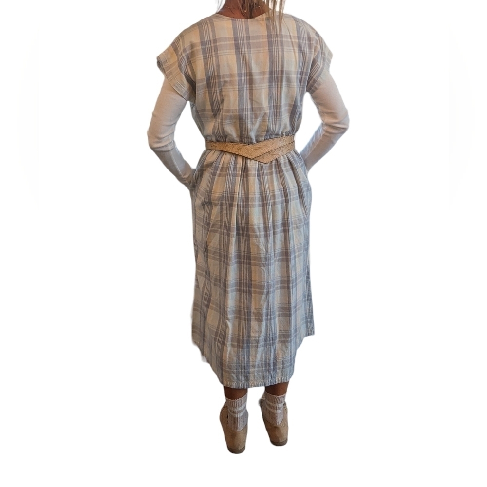 Vintage 90s Prairie Pinafore Cotton Plaid Embroidered Maxi Dress S - Picture 5 of 13